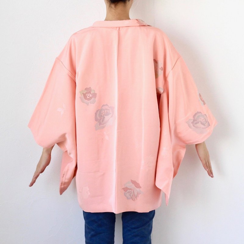 glitter rose kimono, Japanese silk kimono, authentic kimono, haori jacket /3670 - ジャケット - シルク・絹 ピンク