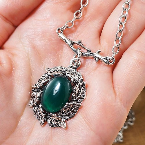 AGATIX Dark Green Agate Silver Leaf Branch Forest Pendant Necklace Woman Jewelry Gift