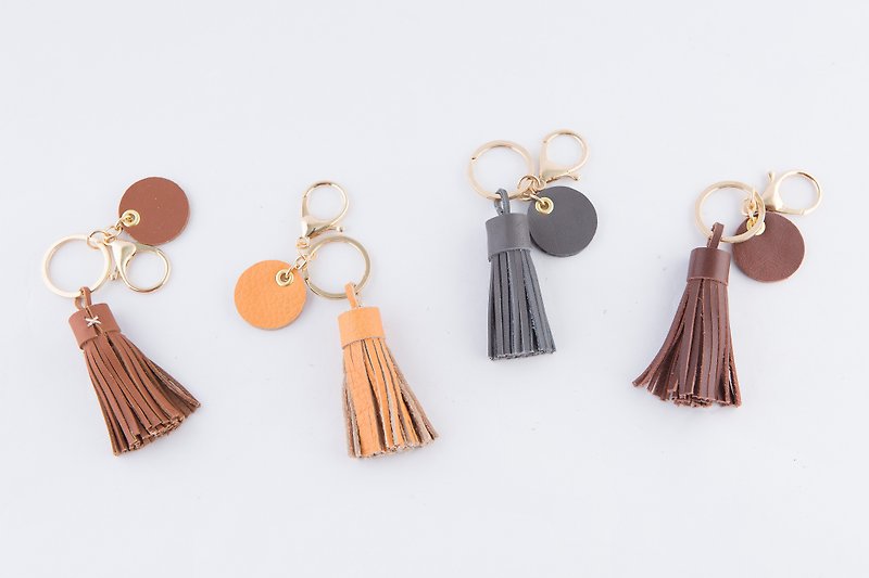 Handmade leather-tassel charm key ring-autumn colors can be engraved with English name - Keychains - Genuine Leather Brown