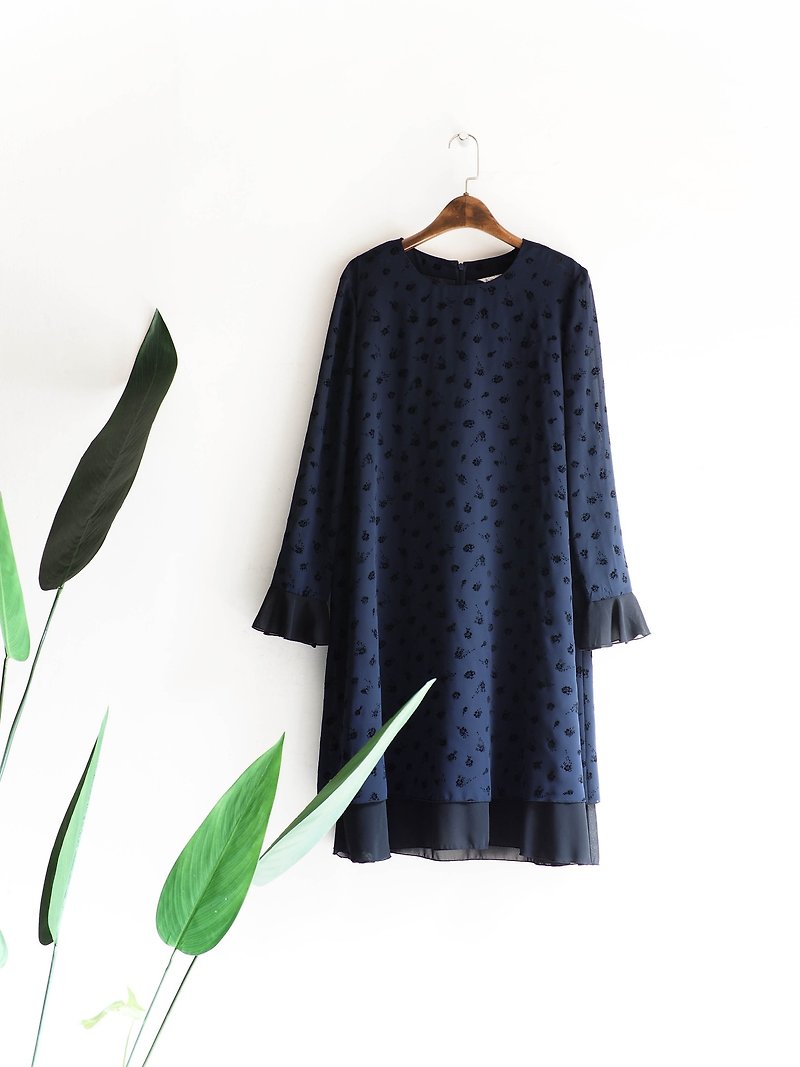 River water mountain - Elm deep sea black and blue double-layer yarn love hand-made antiques one-piece spinning gauze dress - ชุดเดรส - เส้นใยสังเคราะห์ สีน้ำเงิน