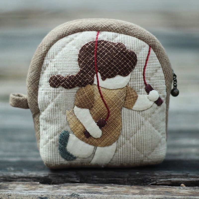 ❖ handmade material package - skipping girl Rustic Style Purse ❖ - Knitting, Embroidery, Felted Wool & Sewing - Cotton & Hemp Khaki