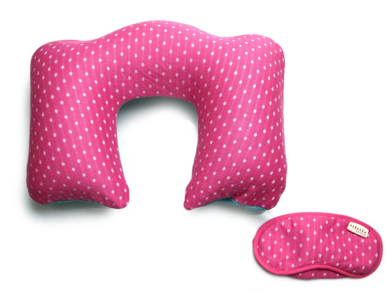 Mizutama Air Inflatable Neck Pillow + Eyemask set - Adult - Pink - หมอน - ผ้าฝ้าย/ผ้าลินิน สึชมพู