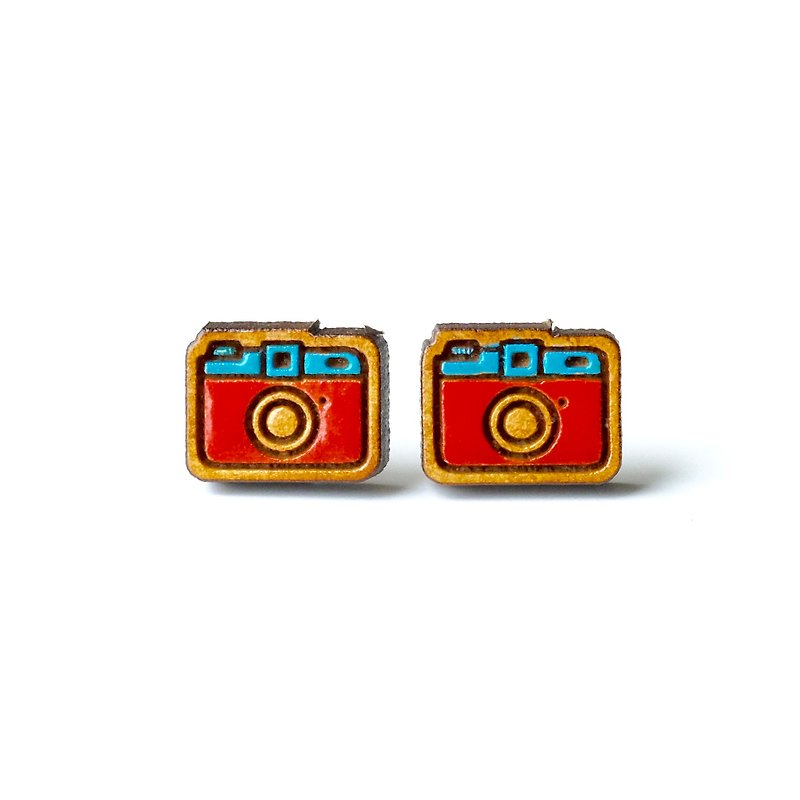 彩繪木耳環-相機(紅色) - 耳環/耳夾 - 木頭 紅色