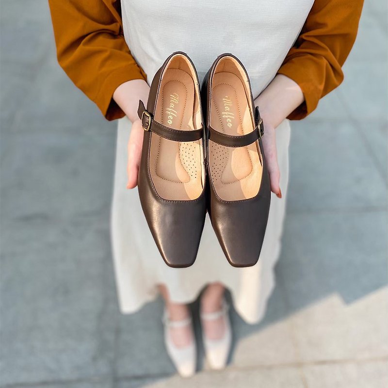 Weiwei narrates low-heel square-toed shoes, soft leather anti-wear square-toed shoes, black - รองเท้าหนังผู้หญิง - หนังแท้ 
