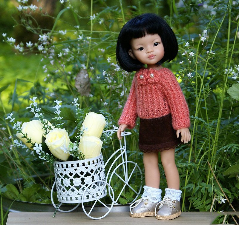 Paola Reina coral sweater and brown skirt, clothes Las Amigas 32 cm 13in doll - Stuffed Dolls & Figurines - Cotton & Hemp Brown