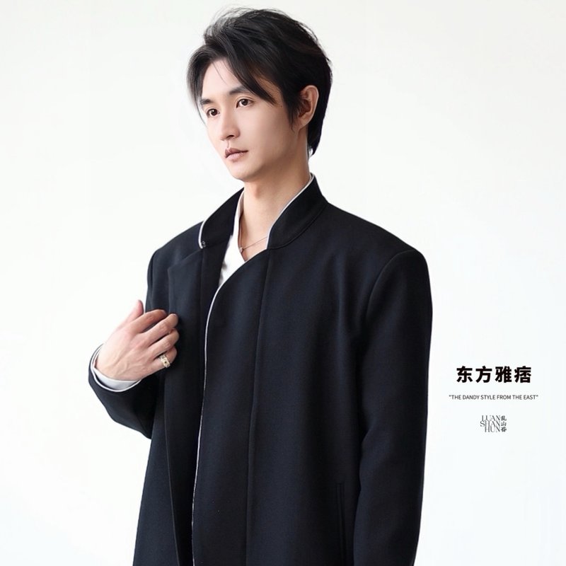 Luanshanhun Oriental elegant new Chinese style original creation collar front slit waist long coat jacket autumn and winter - Men's Coats & Jackets - Other Materials Black