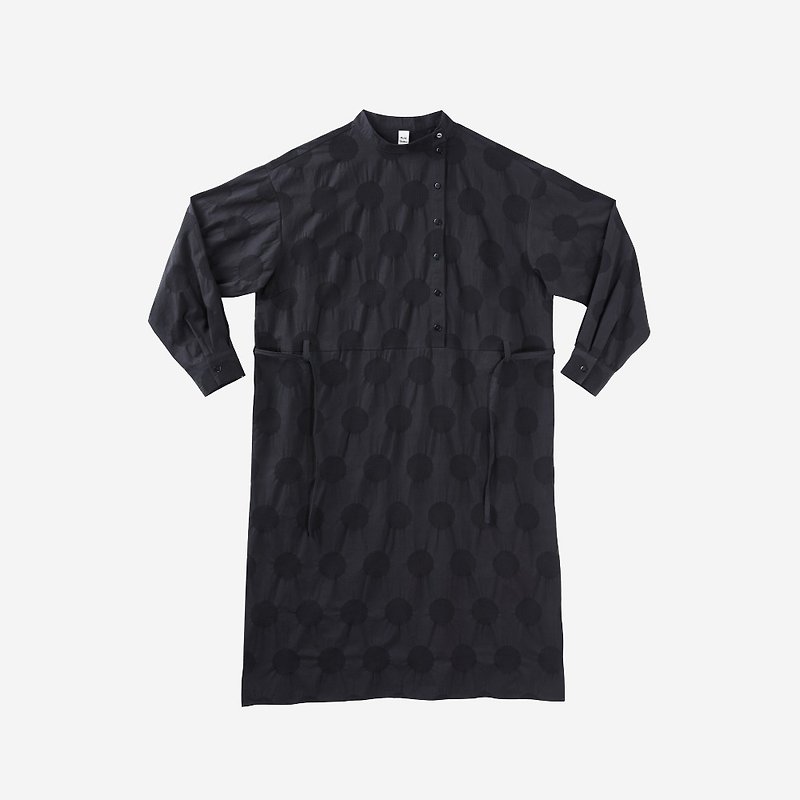 #748 Black polka dot jacquard half high collar shirt dress - ชุดเดรส - ผ้าฝ้าย/ผ้าลินิน สีดำ