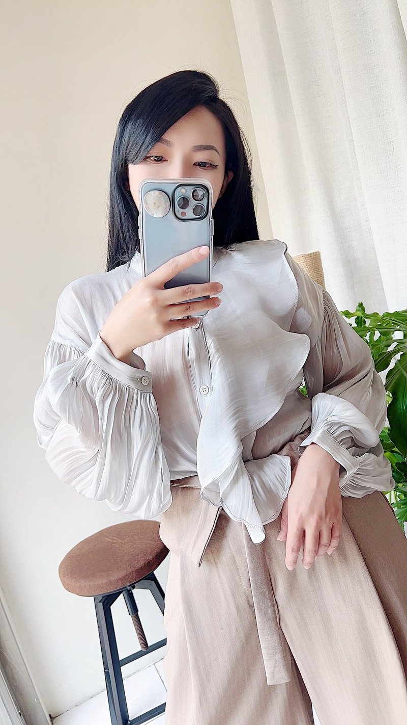 灰藍綠細壓摺光澤 雪紡紗透膚薄料襯衫上衣罩衫shirt vintage古著 - 女襯衫 - 聚酯纖維 藍色