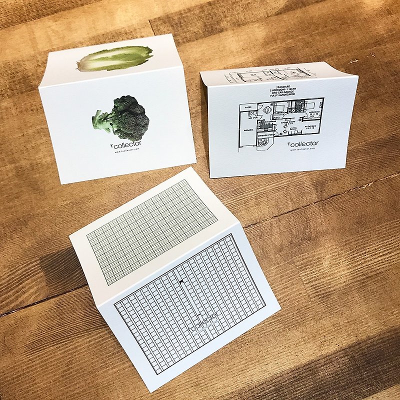 サンキューカード /メッセージカード　間取りや野菜、原稿用紙のシュールな二つ折りカードミニ　３点セット　Tcollector - 心意卡/卡片 - 紙 白色