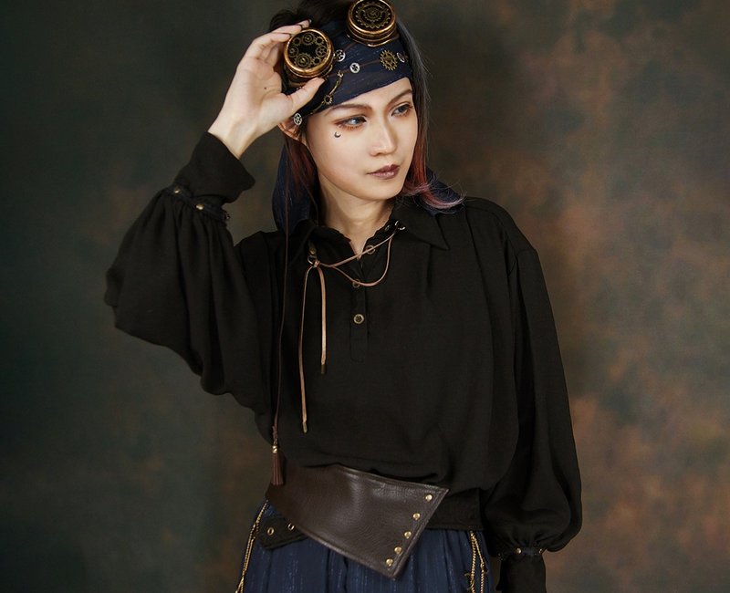 蒸汽朋克 復古海盜風 男女中性 黑色雪紡寬松襯衫 長袖上衣 - 帽T/大學T - 聚酯纖維 黑色