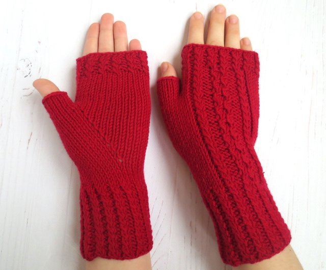 女性用赤指なし手袋、ウール 100% 指なしミトン、ニット ハンド ...