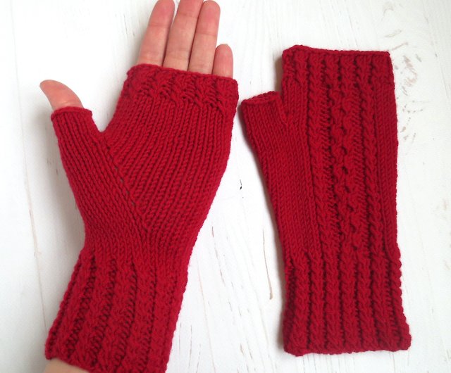 女性用赤指なし手袋、ウール 100% 指なしミトン、ニット ハンド ...