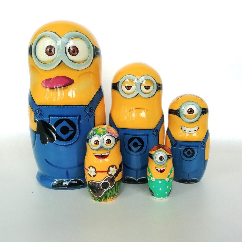 Handmade matryoshka dolls with minions - a gift for a child Decoration of booksh - Items for Display - Wood Yellow