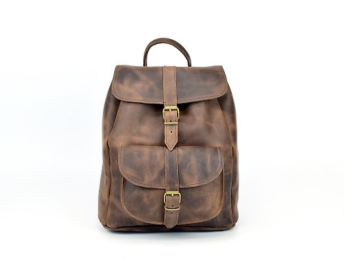 LeatherStrata Waxed Brown Leather Backpack, Genuine Leather Backpack Handmade in Greece.