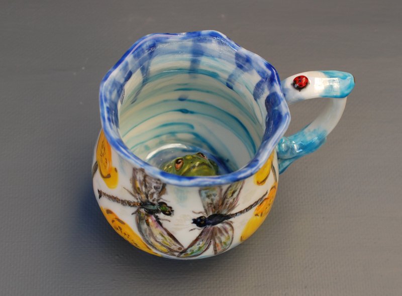 Handmade art mug Princess Frog Relief mug Blue Pottery Mug Fairy cup - Mugs - Porcelain Multicolor