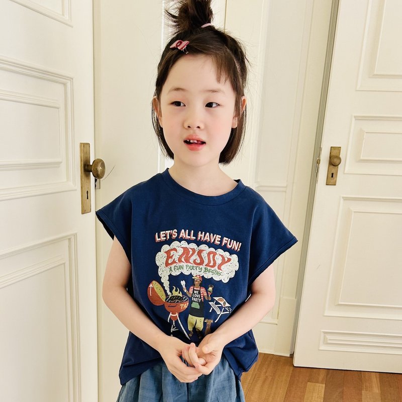 Summer pure cotton cartoon printed blue top/t-shirt T-shirt children's clothing - เสื้อยืด - ผ้าฝ้าย/ผ้าลินิน สีน้ำเงิน