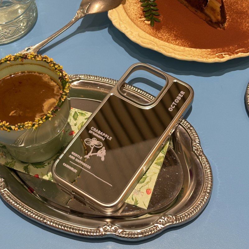 [Birth Flower Series] October Crabapple Silver Plated Frame Mirror Phone Case - Phone Cases - Plastic Silver