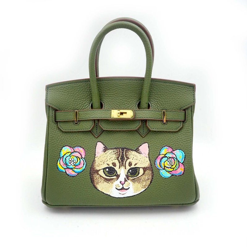 GOOKASO customized military green genuine leather BIRKIN hand-painted cat cross-body handbag 25cm bag - กระเป๋าแมสเซนเจอร์ - หนังแท้ สีเขียว