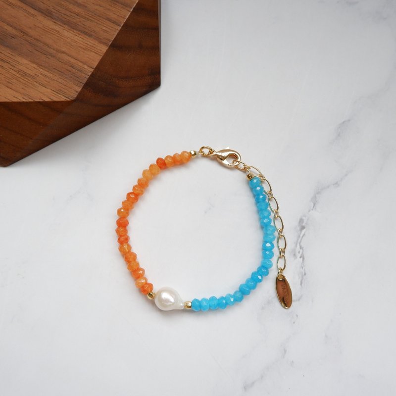 Orange and Blue color tone Stone and baroque Bracelet - 手鍊/手環 - 珍珠 多色