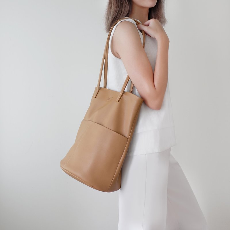 Bucket Tote - Natural Tan - Handbags & Totes - Genuine Leather Khaki