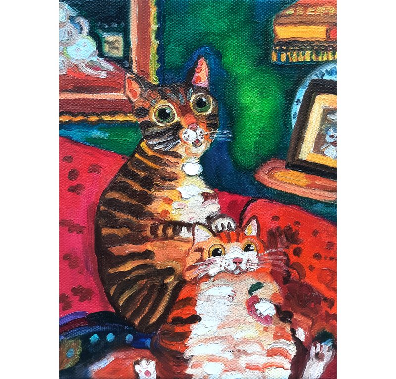 Two Cats  Painting Original Art Small  Oil Painting on Canvas 20sm by15sm - 壁貼/牆壁裝飾 - 其他材質 紅色