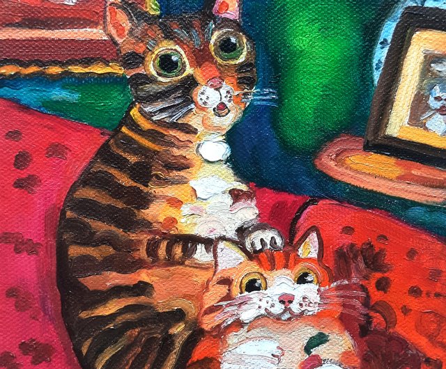 2匹の猫の絵 オリジナルアート キャンバスに描かれた小さな油絵 20sm x
