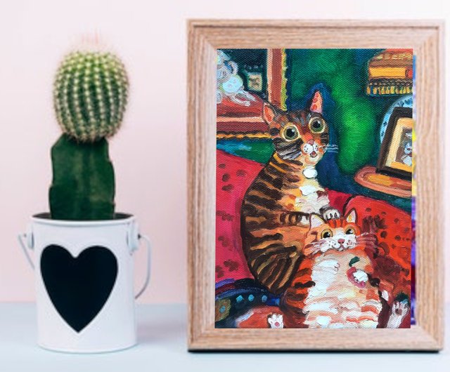 2匹の猫の絵 オリジナルアート キャンバスに描かれた小さな油絵 20sm x