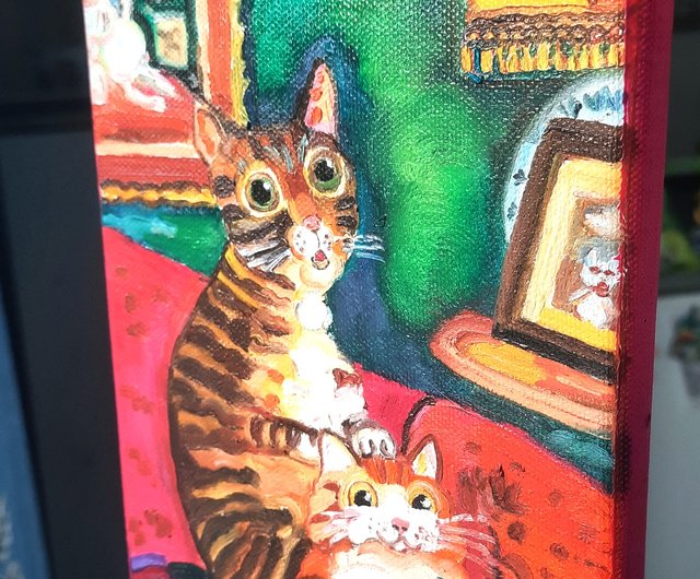 2匹の猫の絵 オリジナルアート キャンバスに描かれた小さな油絵 20sm x