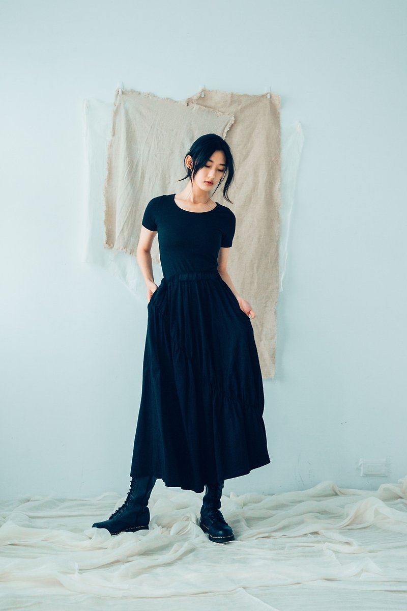 抽皺裙 (黑) Organic Cotton - 裙子/長裙 - 棉．麻 黑色