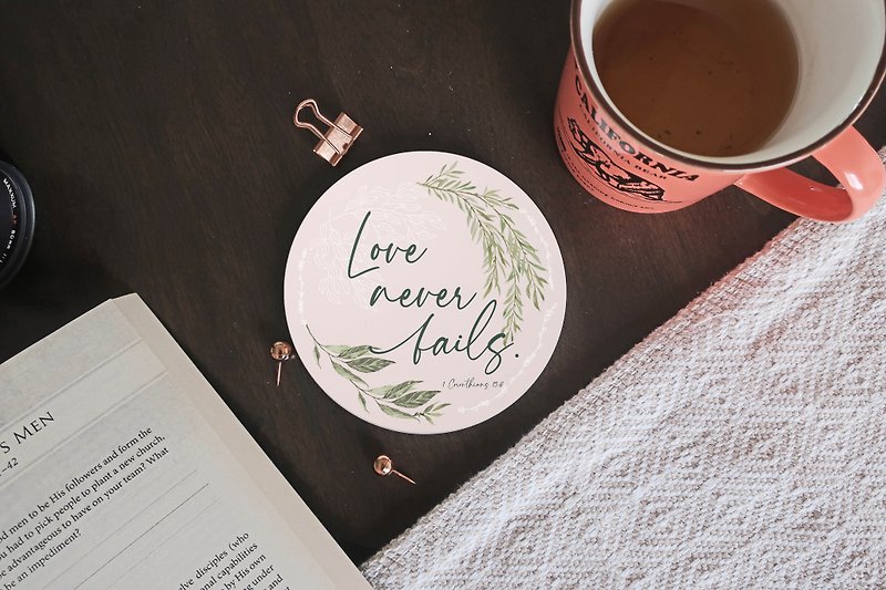 Greenery Christian Coaster with Bible Verse 1 Corinthians 13:8 | Watercolor - Coasters - Pottery Pink