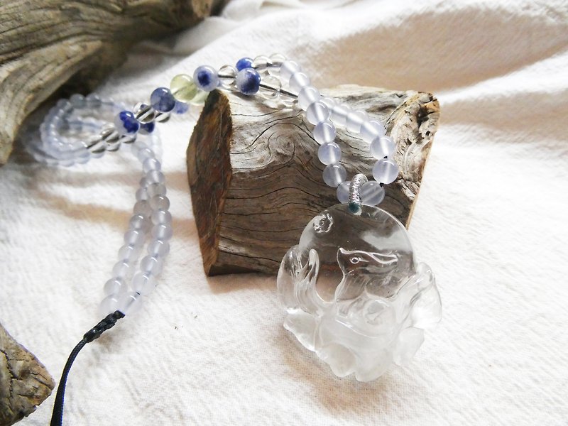 Jingjing Workshop*Love2hm [Nine-Tailed Fox-Clouds]-Grey Blue Rabbit Fur Moon Fox Necklace - Necklaces - Gemstone Blue