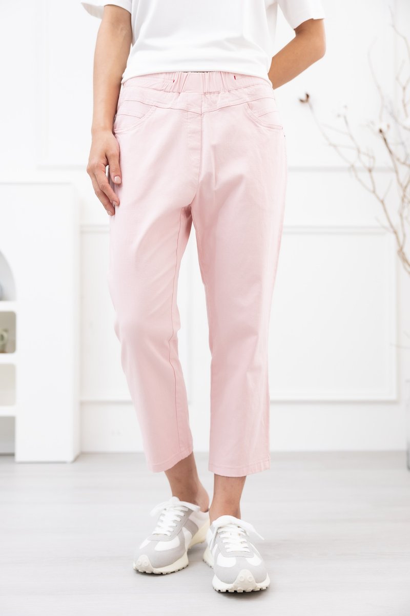 綴三色緞帶彈性棉直筒褲 粉紅色 - 女長褲 - 其他材質 粉紅色