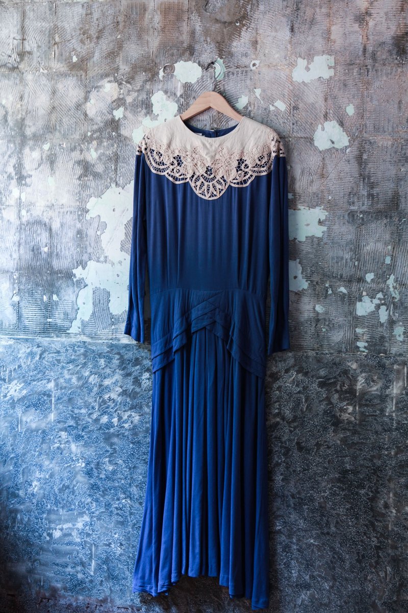 Niao Niao Department Store-Vintage American blue lace collar long-sleeved dress - ชุดเดรส - ผ้าฝ้าย/ผ้าลินิน 