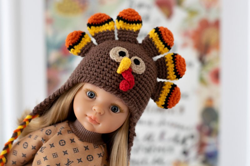 Turkey hat for doll Paola Reina, Siblies, Little Darling, animals hat, 针织帽 - 寶寶/兒童玩具/玩偶 - 棉．麻 咖啡色