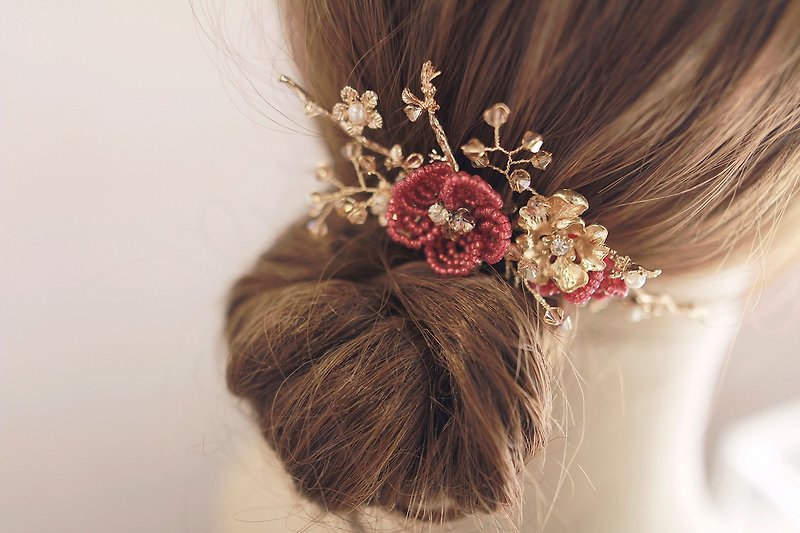 Gold Red Version - Vintage Headpiece, Bridal Fascinator, Vintage Bridal Floral Decoration - Hair Accessories - Other Metals Red