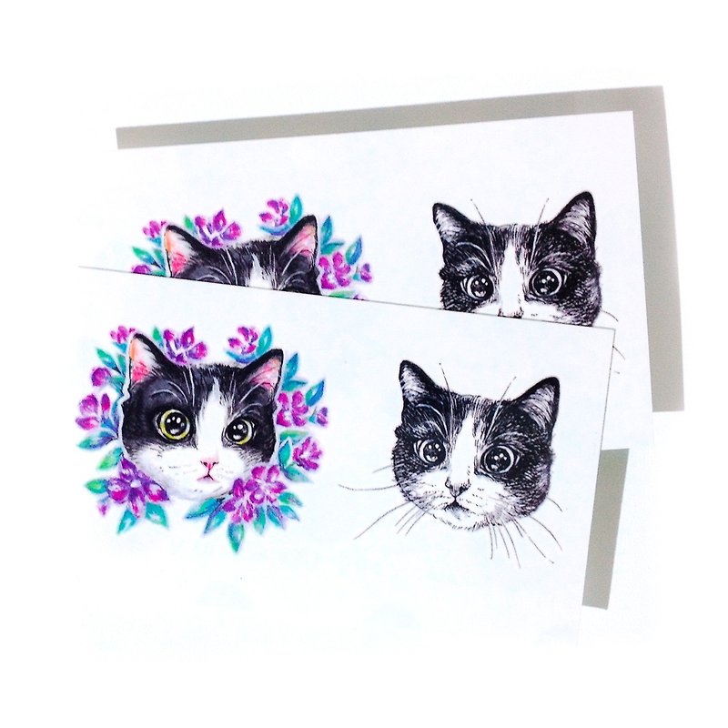 紫羅蘭花黑白貓咪刺青紋身貼紙夏天情侶裝約會必備飾物寵物可愛心 - 紋身貼紙 - 紙 多色