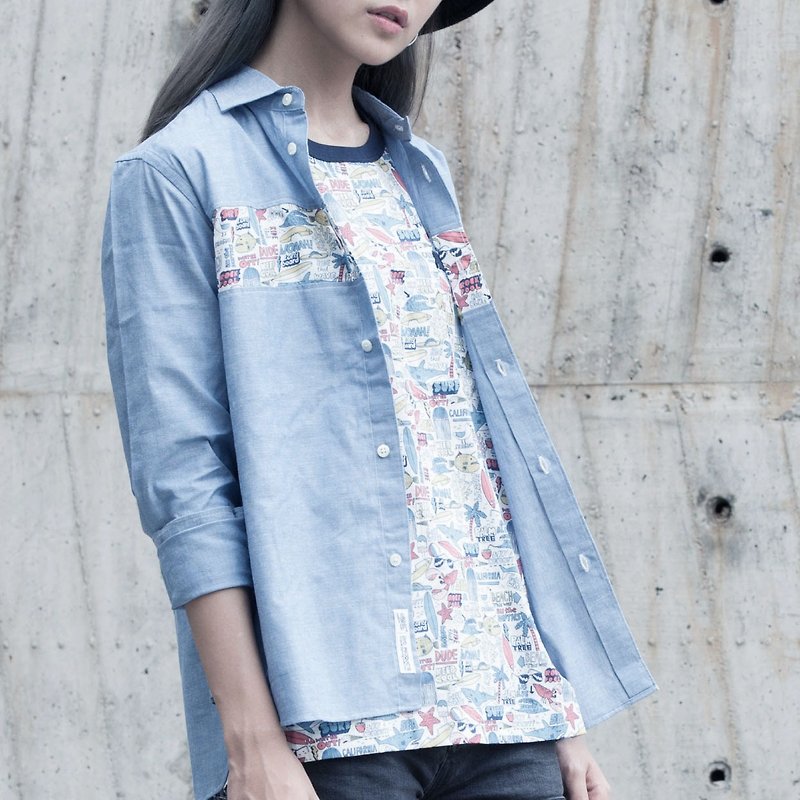 Made in Tokyo - marineland Shirt (Made in Japan) - เสื้อเชิ้ตผู้หญิง - ผ้าฝ้าย/ผ้าลินิน สีน้ำเงิน