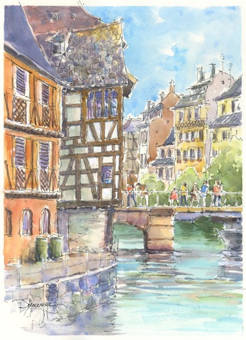 Watercolor picture Streets of Strasbourg - โปสเตอร์ - กระดาษ สีนำ้ตาล
