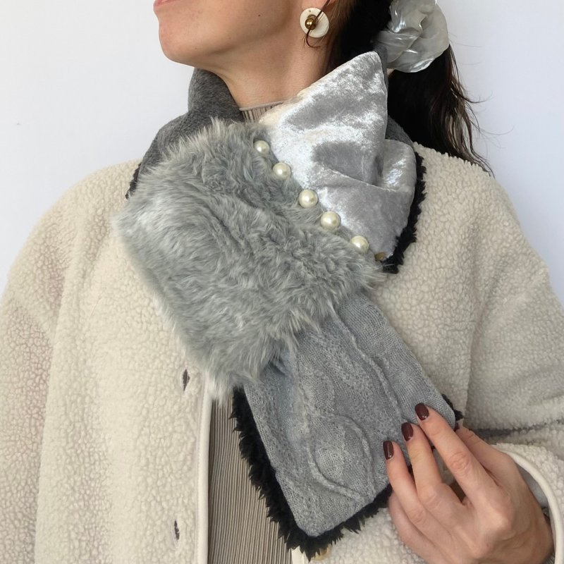 蓬鬆保暖珍珠點綴頸飾 — 優雅灰階漸變款 (日本製) - 圍巾/披肩 - 羊毛 灰色