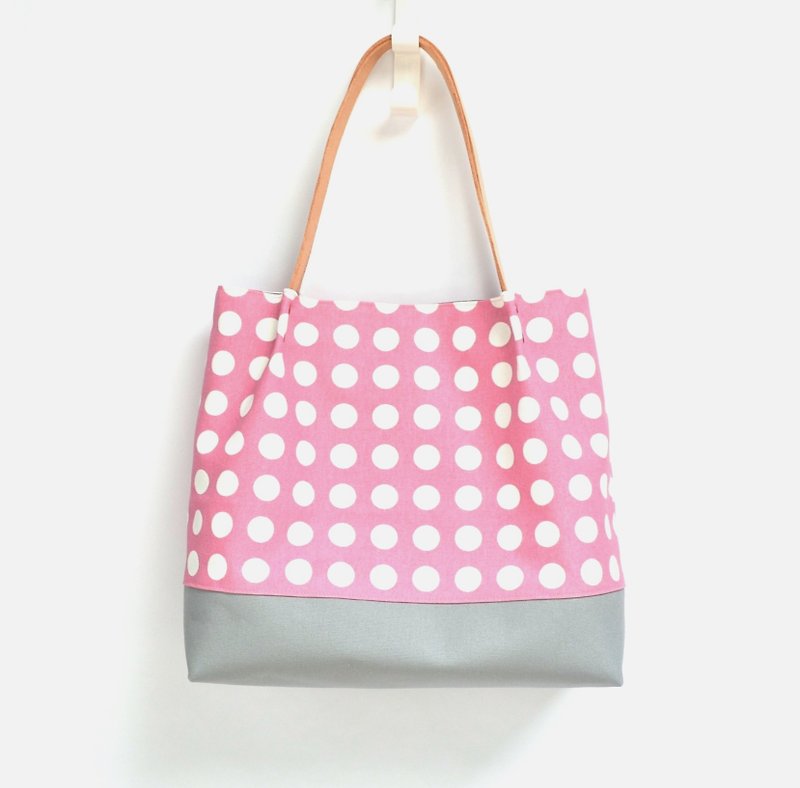 Button spot-pink tote bag/shoulder bag/handbag handmade canvas sweet romantic - กระเป๋าแมสเซนเจอร์ - กระดาษ สึชมพู