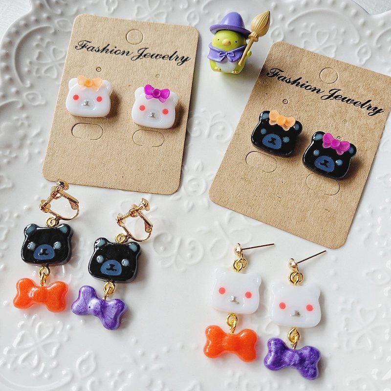 925 Silver earrings ear pin Clip-On Japanese bear white bear black bear bow luminous gift - Earrings & Clip-ons - Resin White