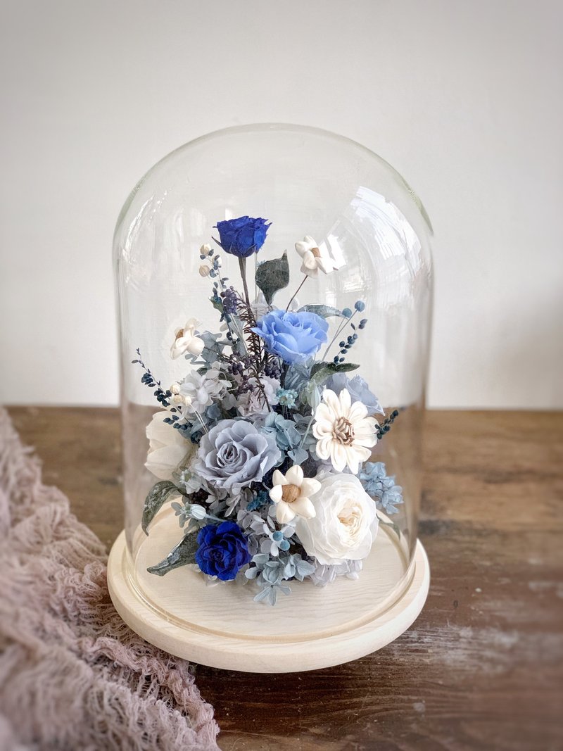 母親節客製花禮花束經典花禮【粉藍永生花玻璃罩盅】開幕花禮升母 - 花瓶/花器 - 玻璃 藍色