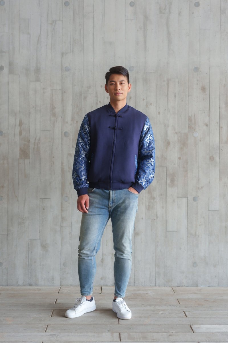 Men's Brocade Bomber Jacket| Modern Oriental Fashion | CNY Outfit - Qipao - Cotton & Hemp Blue