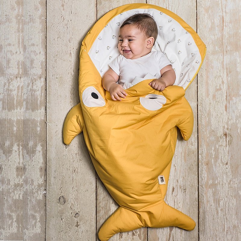 【西班牙製】鯊魚咬一口BabyBites純棉嬰幼兒多功能睡袋-芥末黃 - 滿月禮物 - 棉．麻 黃色