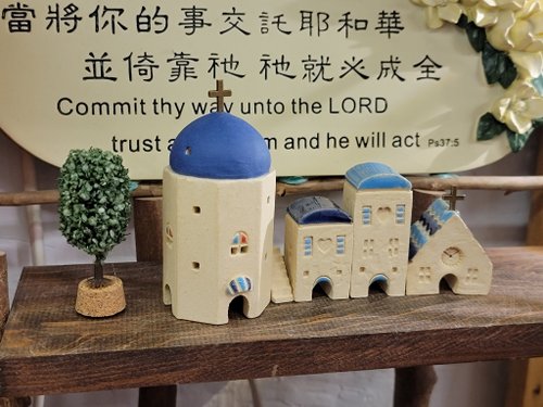 小房子裝可愛手作村/BJ Art Village 手繪地中海小屋5件組-小圓頂教堂/深藍x1+小房子x3+迷你小樓梯x1