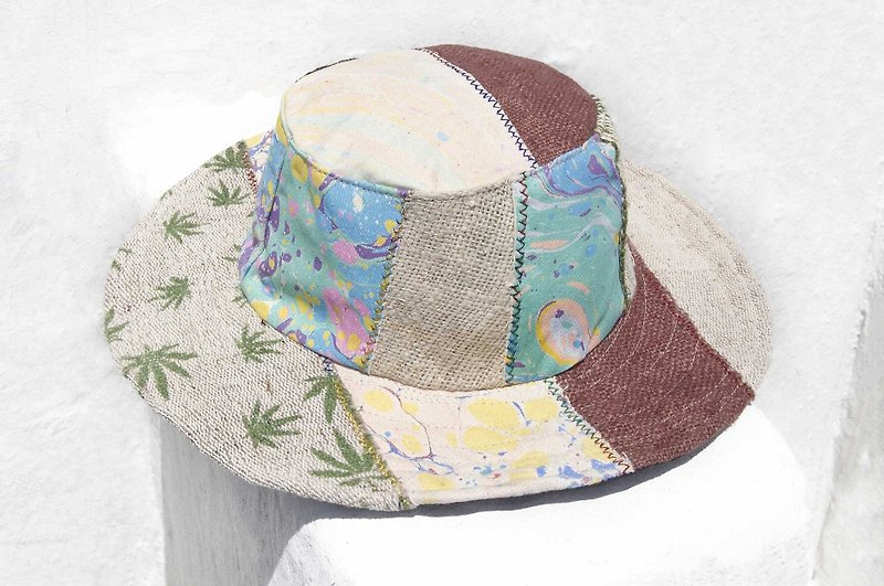 Moroccan wind stitching hand-woven cotton hat woven hat fisherman hat visor straw hat - blue ocean hat - Hats & Caps - Cotton & Hemp Multicolor