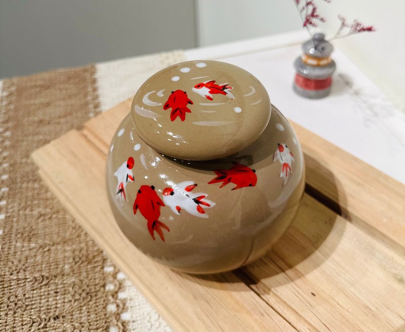 手工繪製  豐慶有餘 年年有魚茶倉 陶罐 茶葉罐 儲存罐 陶瓷密封 - 茶壺/茶杯/茶具 - 陶 咖啡色