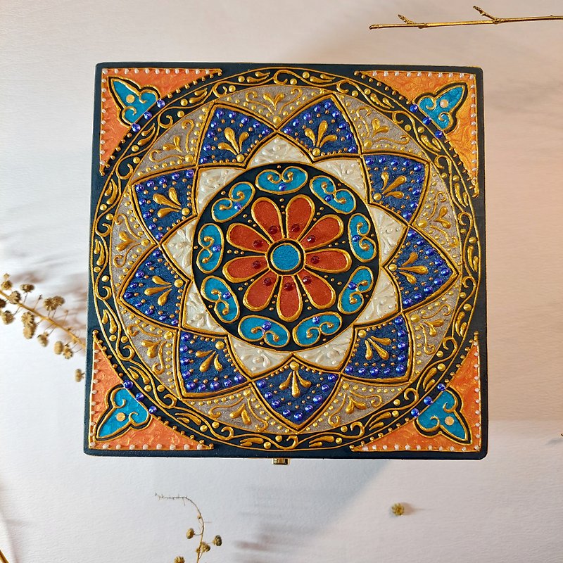 雕花手繪正方形珠寶盒/HENNA/曼陀羅/民族風 - 裝飾/擺設  - 木頭 藍色