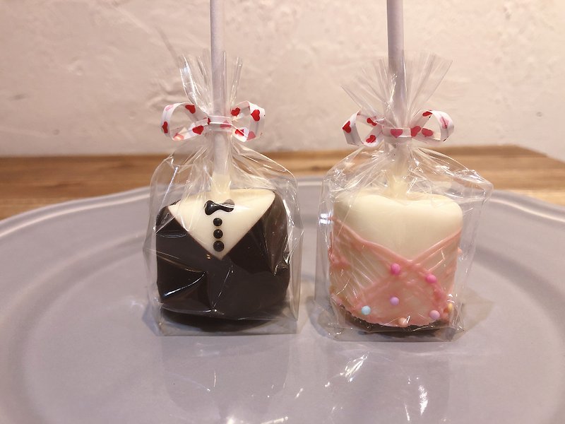 婚禮棉花糖巧克力 - 一對 純手繪 婚禮小物 情侶 - 巧克力 - 新鮮食材 粉紅色
