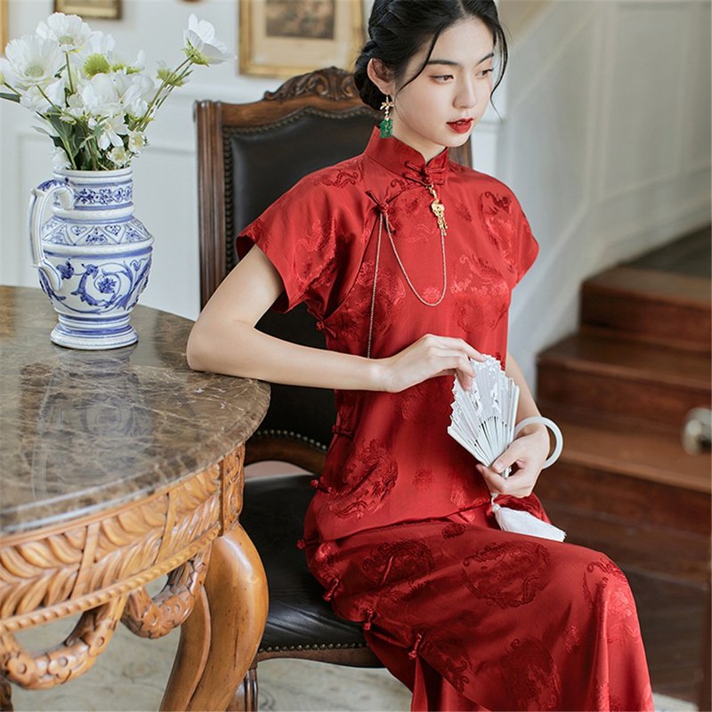 Pomegranate red phoenix phoenix full-open satin wedding wedding cheongsam retro improved new Chinese dress - กี่เพ้า - เส้นใยสังเคราะห์ สีแดง